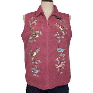 Vintage Lakewear Embroidered Bird Fleece Vest Pink Cottagecore Zip Front S/P